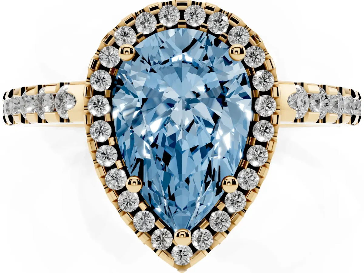 Fancy Blue Pear Cut Diamond Halo Engagement Ring with Pavé Band and Prong Setting Yellow gold