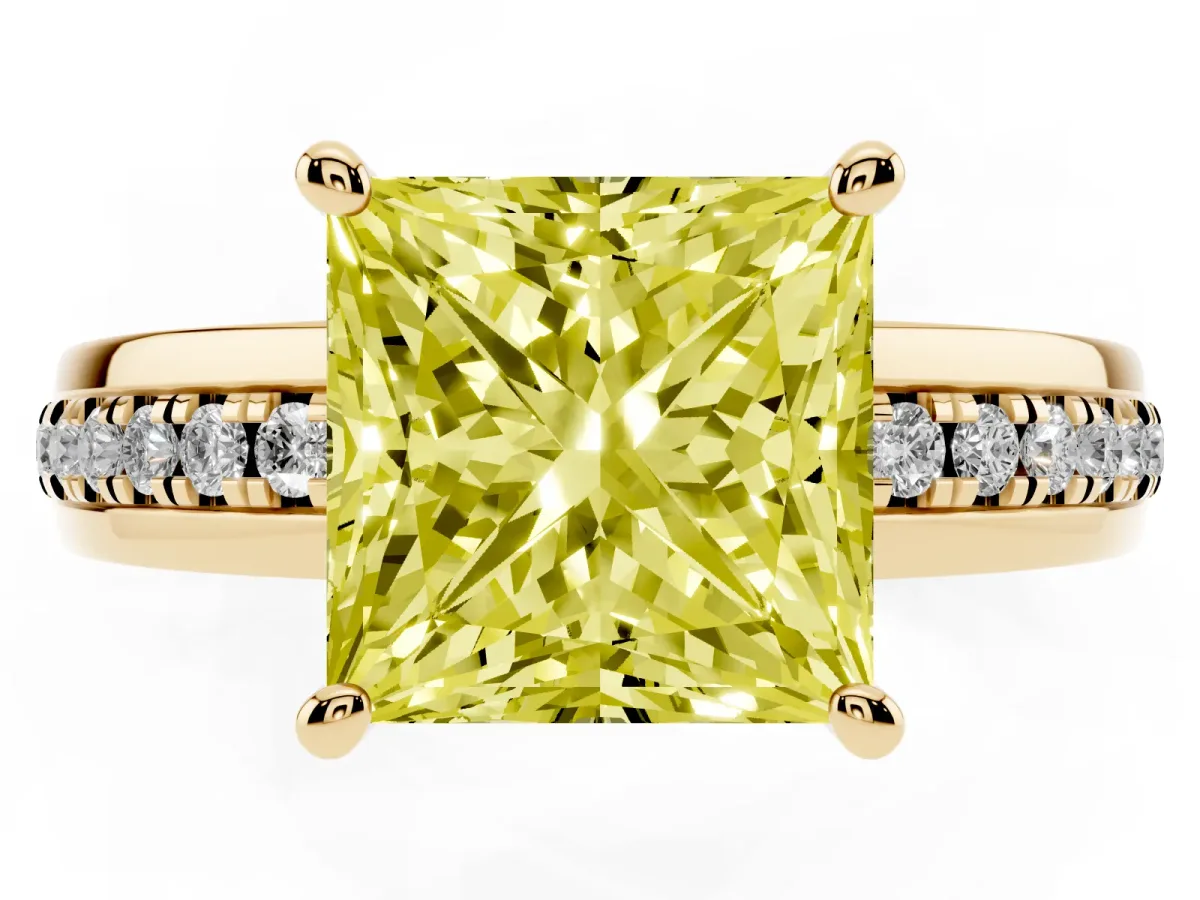 Fancy Yellow Princess Cut Solitaire Diamond Ring with Channel Set Band and Six-Prong Setting Yellow gold