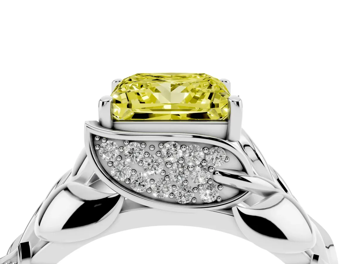 Fancy Yellow Princess Cut Diamond Leaf-Inspired Engagement Ring with Round Accents and Prong Setting White gold