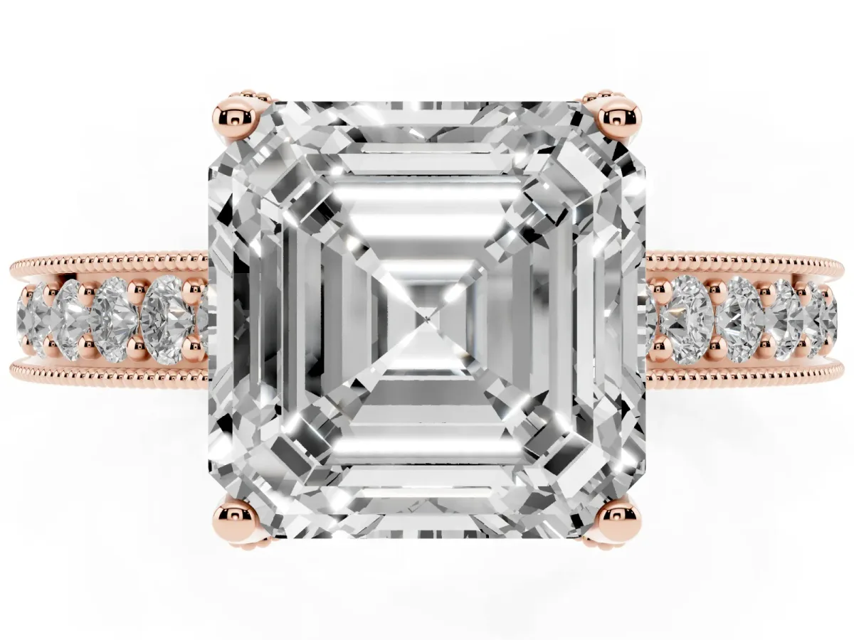 Asscher Cut Cut Diamond Solitaire Ring with Milgrain Pave Band and Four Prong Setting Rose gold