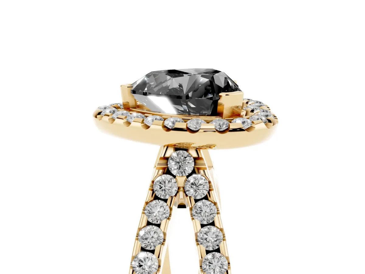 Fancy Black Heart Cut Diamond Halo Ring with Split Shank Pavé Band and Prong Setting Yellow gold