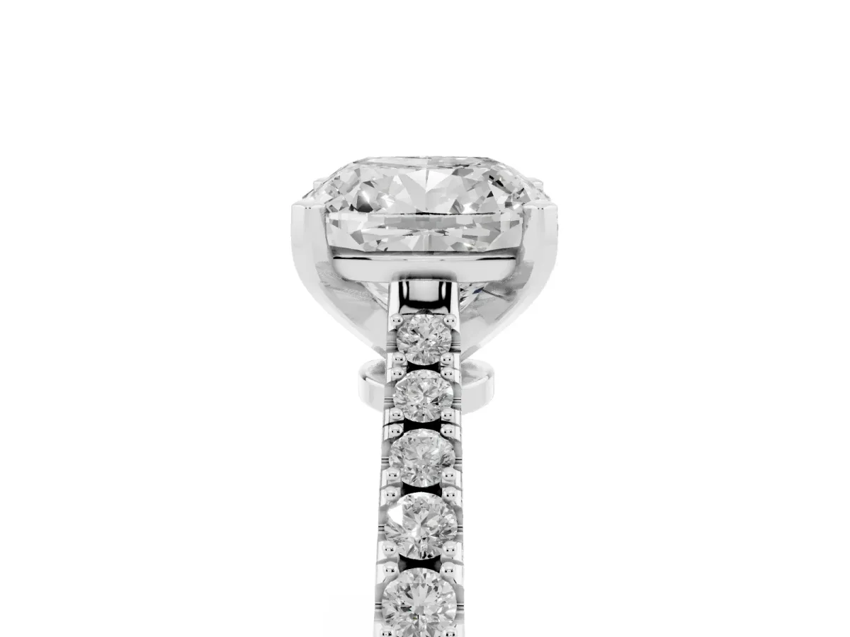 Cushion Cut Cut Solitaire Diamond Engagement Ring with Pave Band and Four-Prong Setting White gold