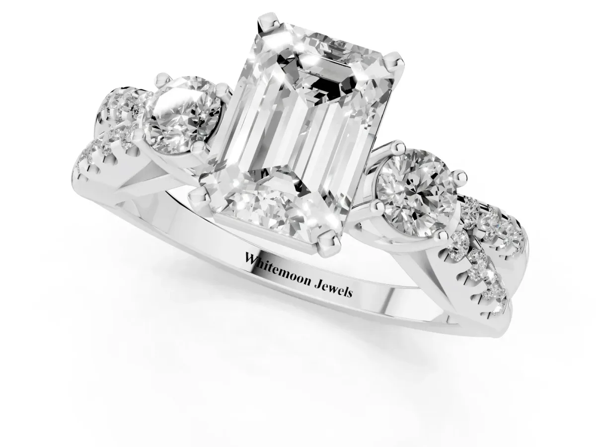 Emerald Cut Diamond Three-Stone Ring with Pavé Split Shank and Four-Prong Setting Silver