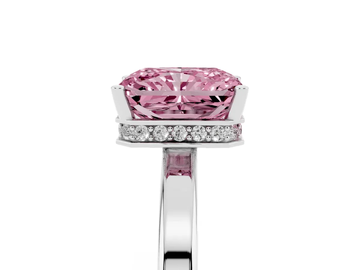 Fancy Pink Radiant Cut Cut Solitaire Engagement Ring with Four-Prong Setting on a Classic Band Silver