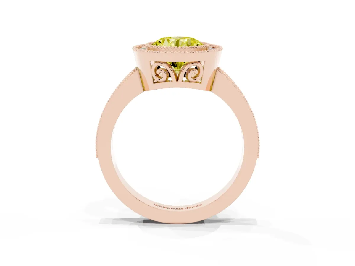 Fancy Yellow Round Cut Cut Halo Diamond Ring with Pavé Band and Milgrain Prong Setting Rose gold