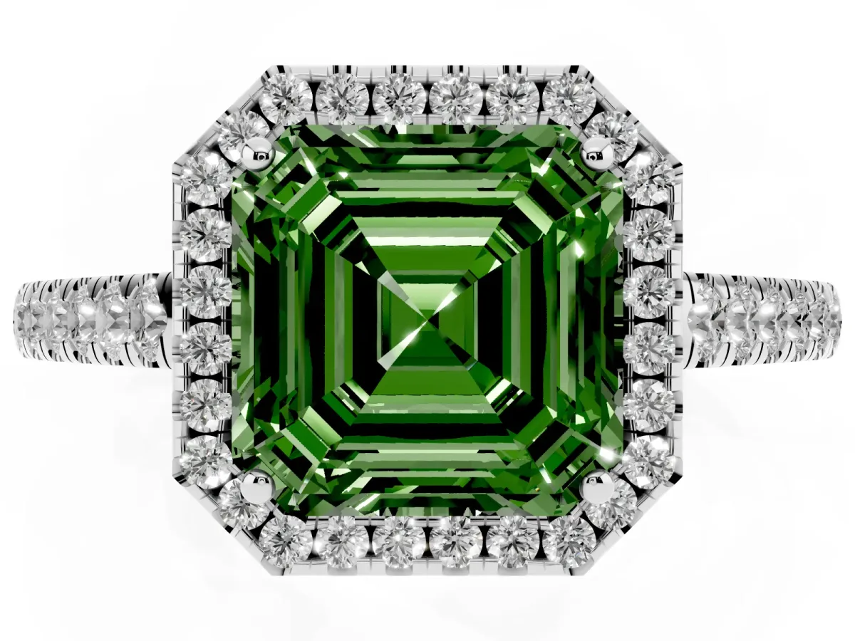 Fancy Green Asscher Cut Halo Pave Diamond Engagement Ring with Four-Prong Setting Platinum