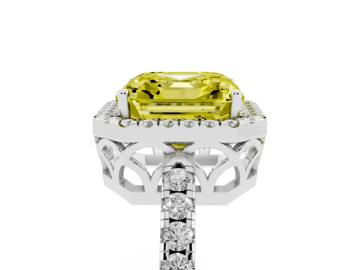 Fancy Yellow Asscher Cut Halo Diamond Engagement Ring with Pavé Band and Four-Prong Setting Platinum