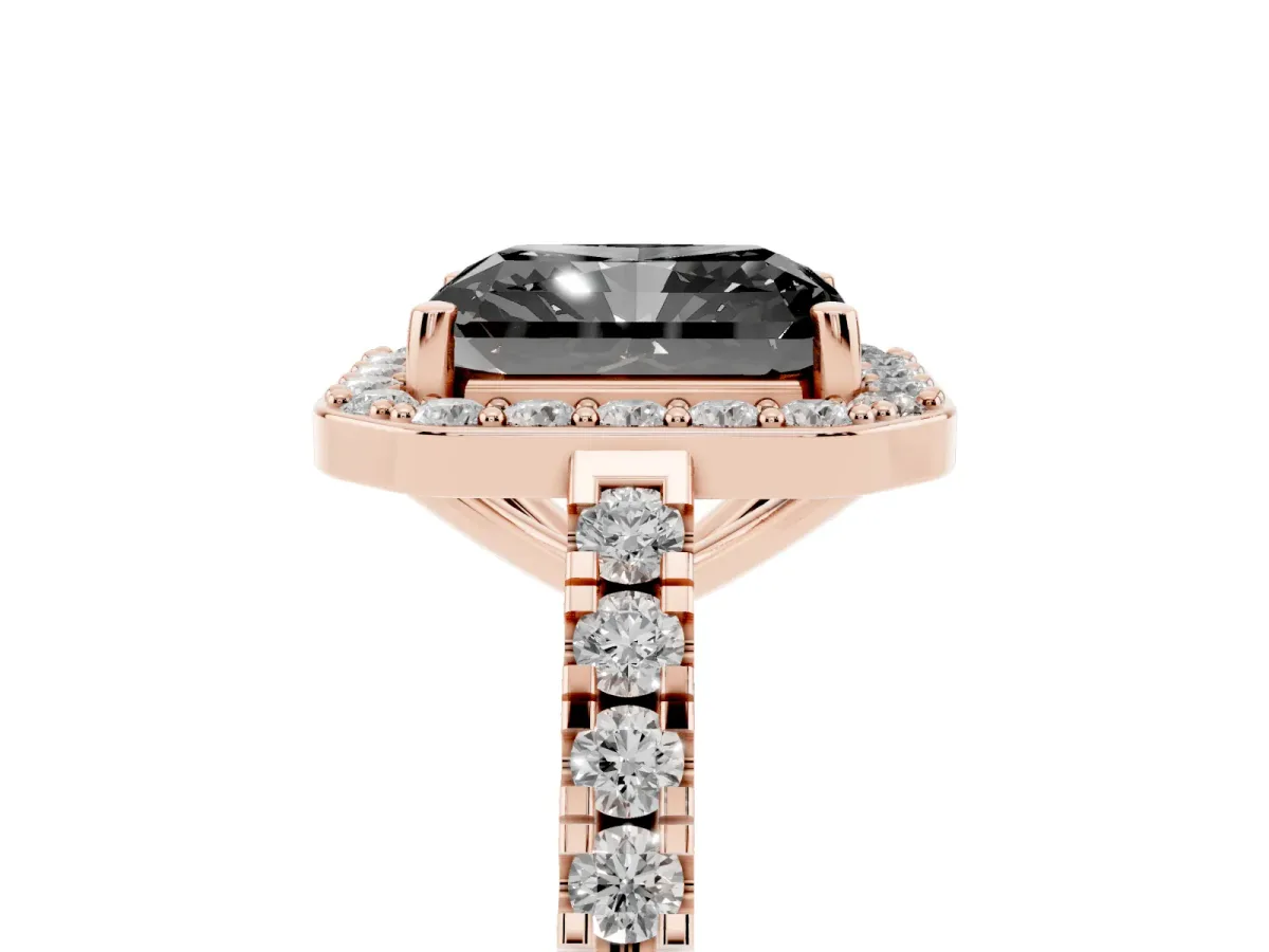 Fancy Black Radiant Cut Diamond Halo Ring with Round Pavé Split Shank and Prong Setting Rose gold
