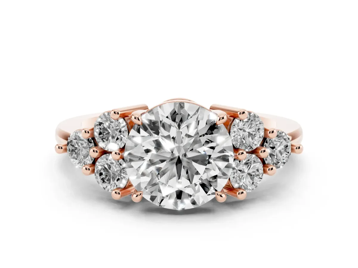 Round Cut Brilliant Diamond Cluster Accent Solitaire Ring with Prong Setting Rose gold