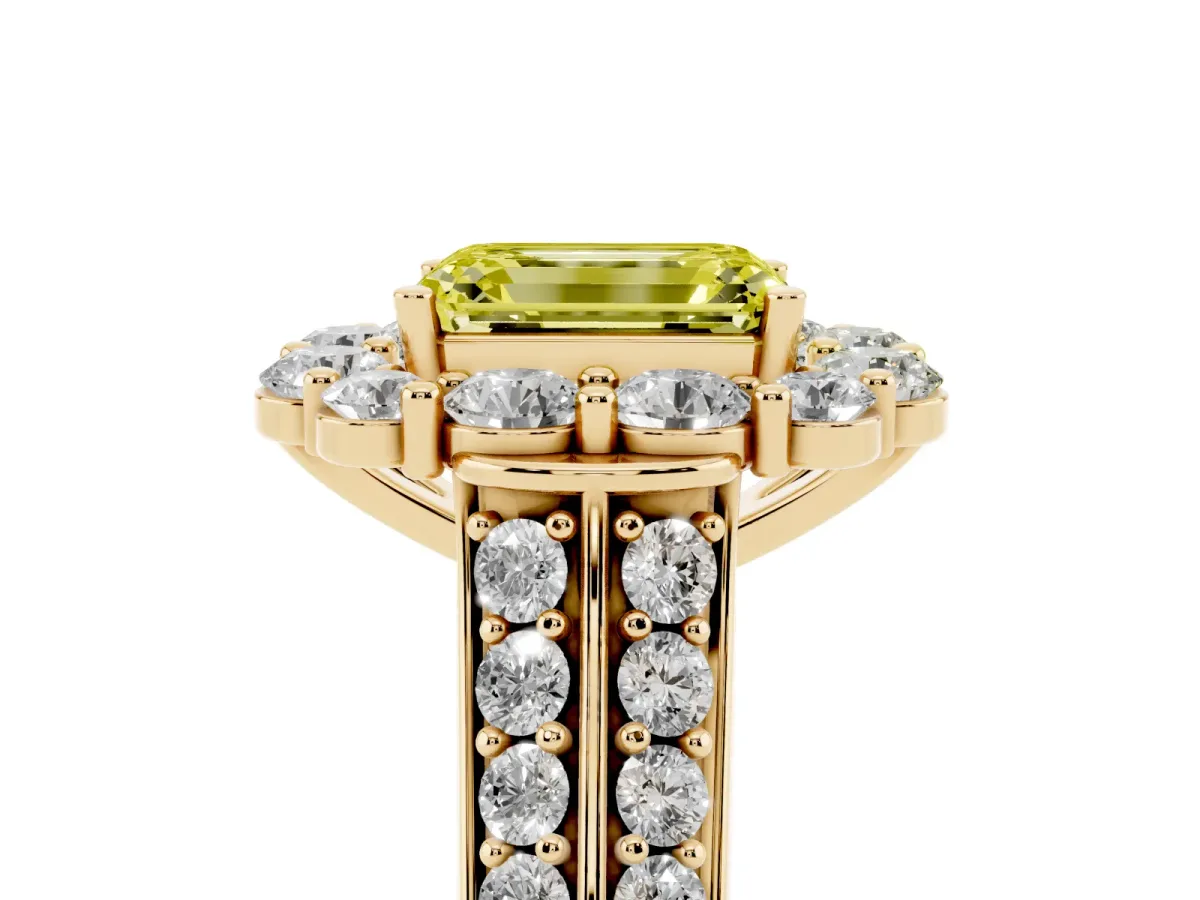 Fancy Yellow Emerald Cut Halo Diamond Engagement Ring with Split Shank and Prong Setting Yellow gold