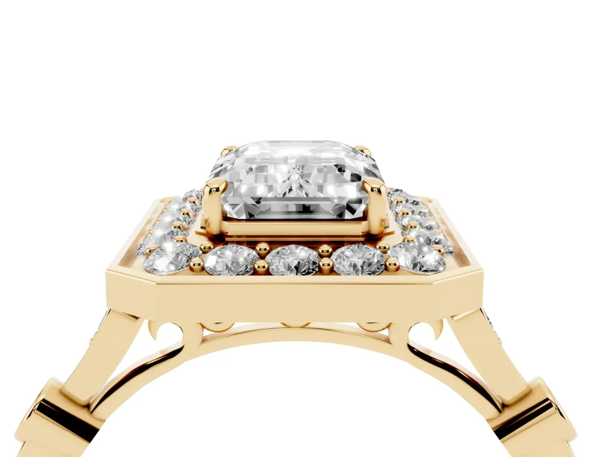 Emerald Cut Halo Diamond Engagement Ring with Twisted Band and Four-Prong Setting Yellow gold
