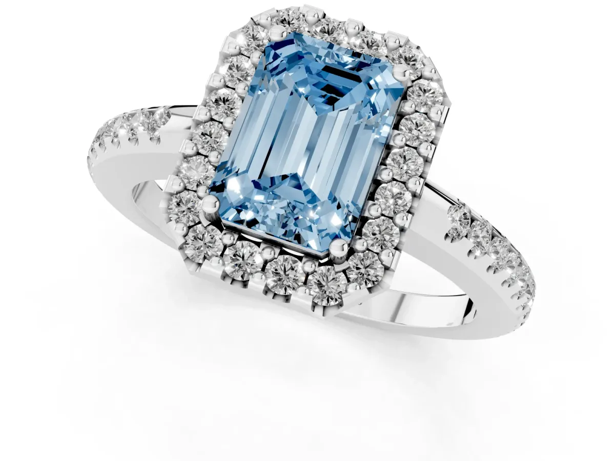 Fancy Blue Emerald Cut Diamond Pavé Halo Ring with Four-Prong Setting White gold