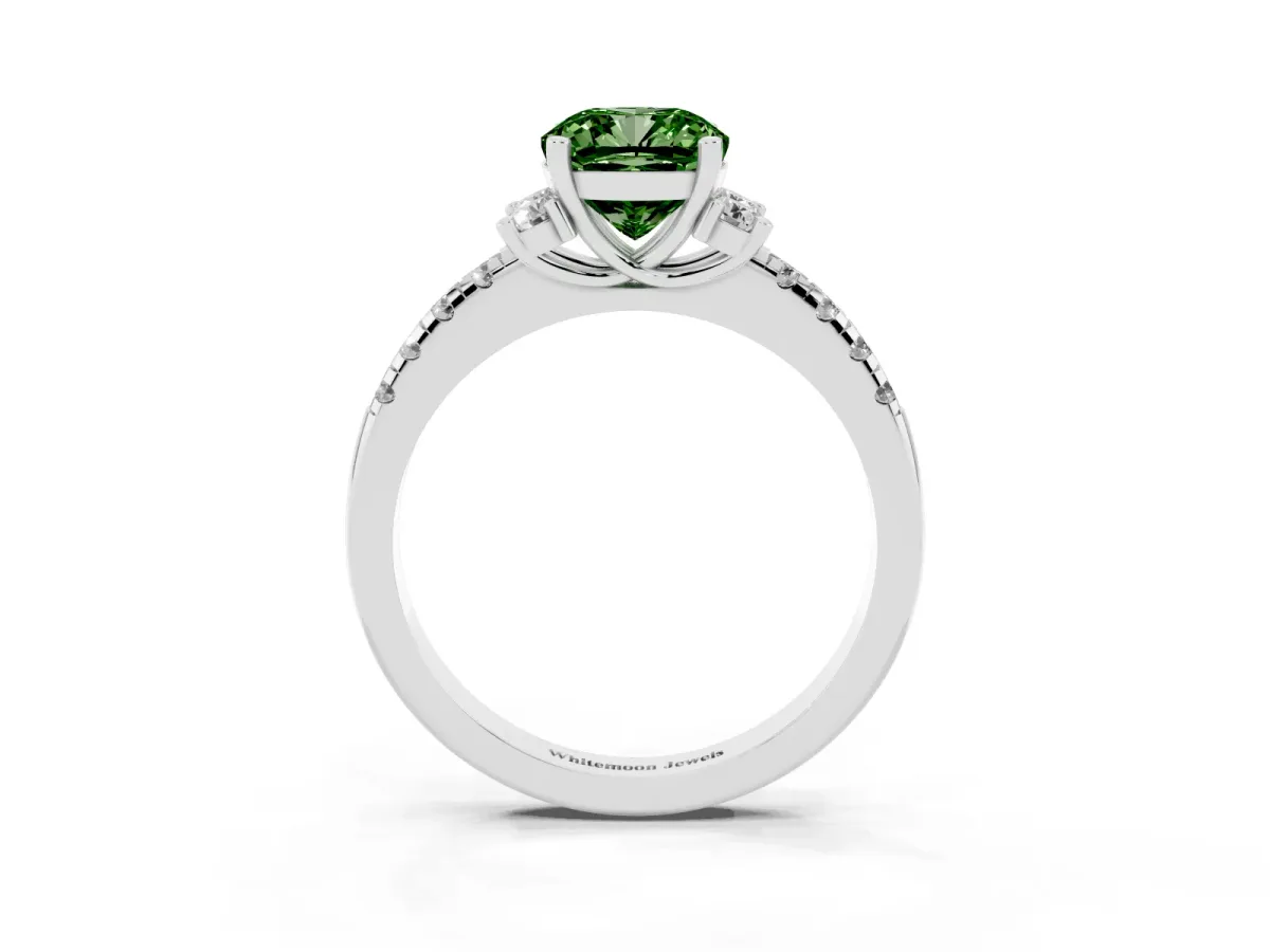 Fancy Green Cushion Cut Diamond Three-Stone Pave Band with Four-Prong Setting Silver