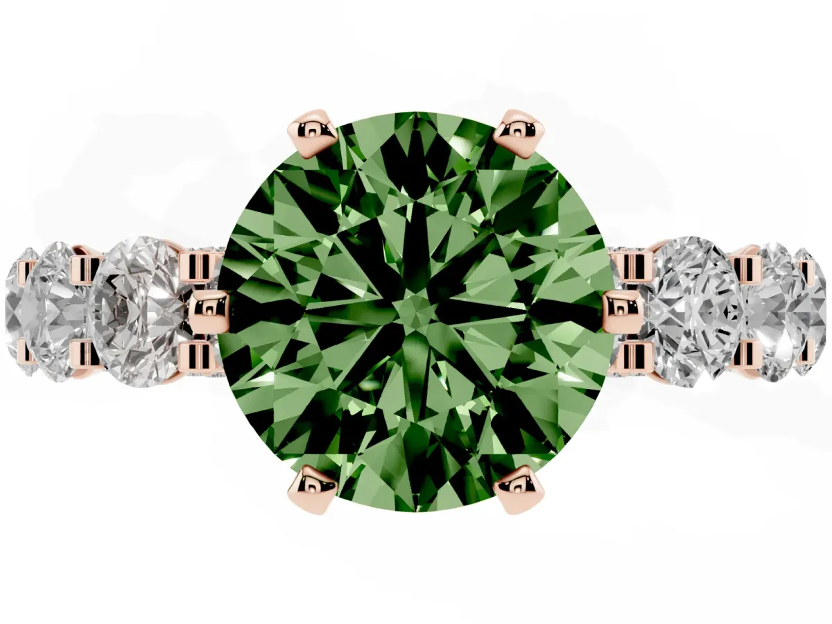 Fancy Green Round Cut Diamond Side Stone Engagement Ring with Four-Prong Setting Rose gold