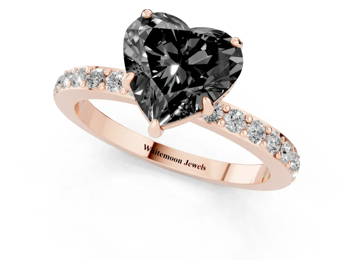 Fancy Black Heart Cut Diamond Pavé Engagement Ring with Round Accents and Prong Setting Rose gold