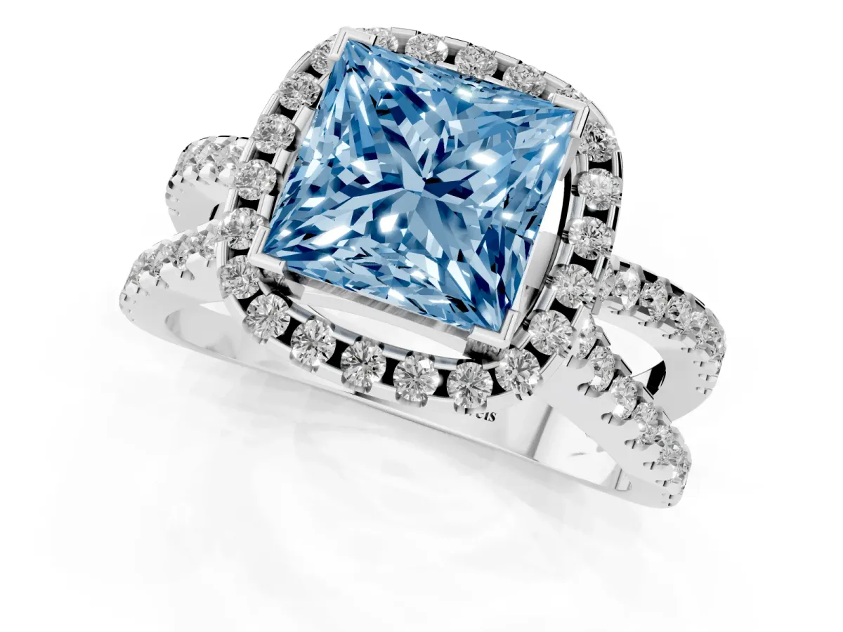 Fancy Blue Princess Cut Diamond Halo Ring with Split Shank Pavé Band and Prong Setting Silver
