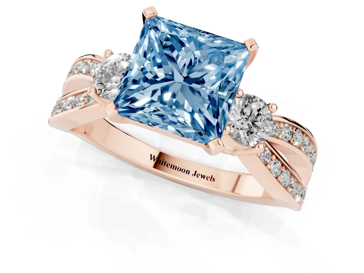 Fancy Blue Three-Stone Princess Cut Cut Diamond Twist Band with Prong Setting Rose gold