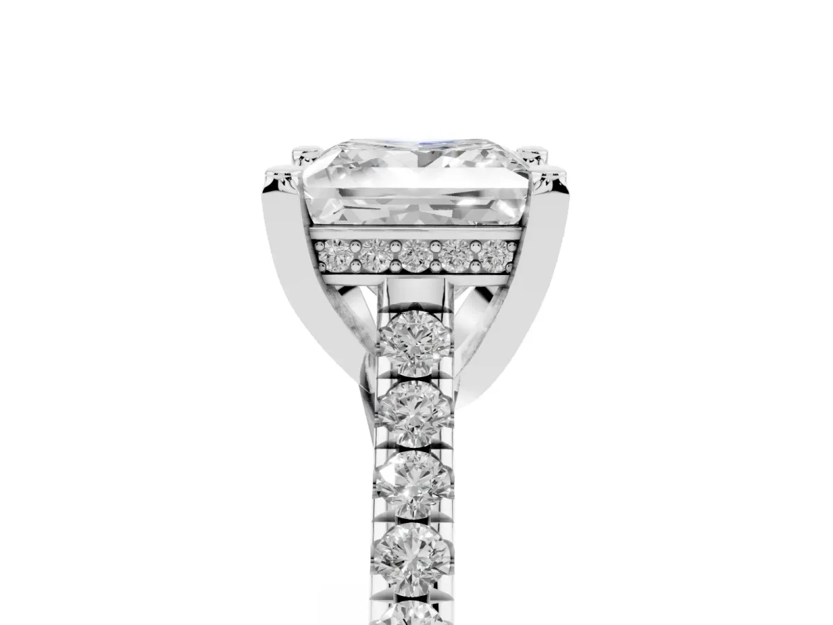 Princess Cut Brilliant Diamond Solitaire with Pavé Band and Four-Prong Setting Silver