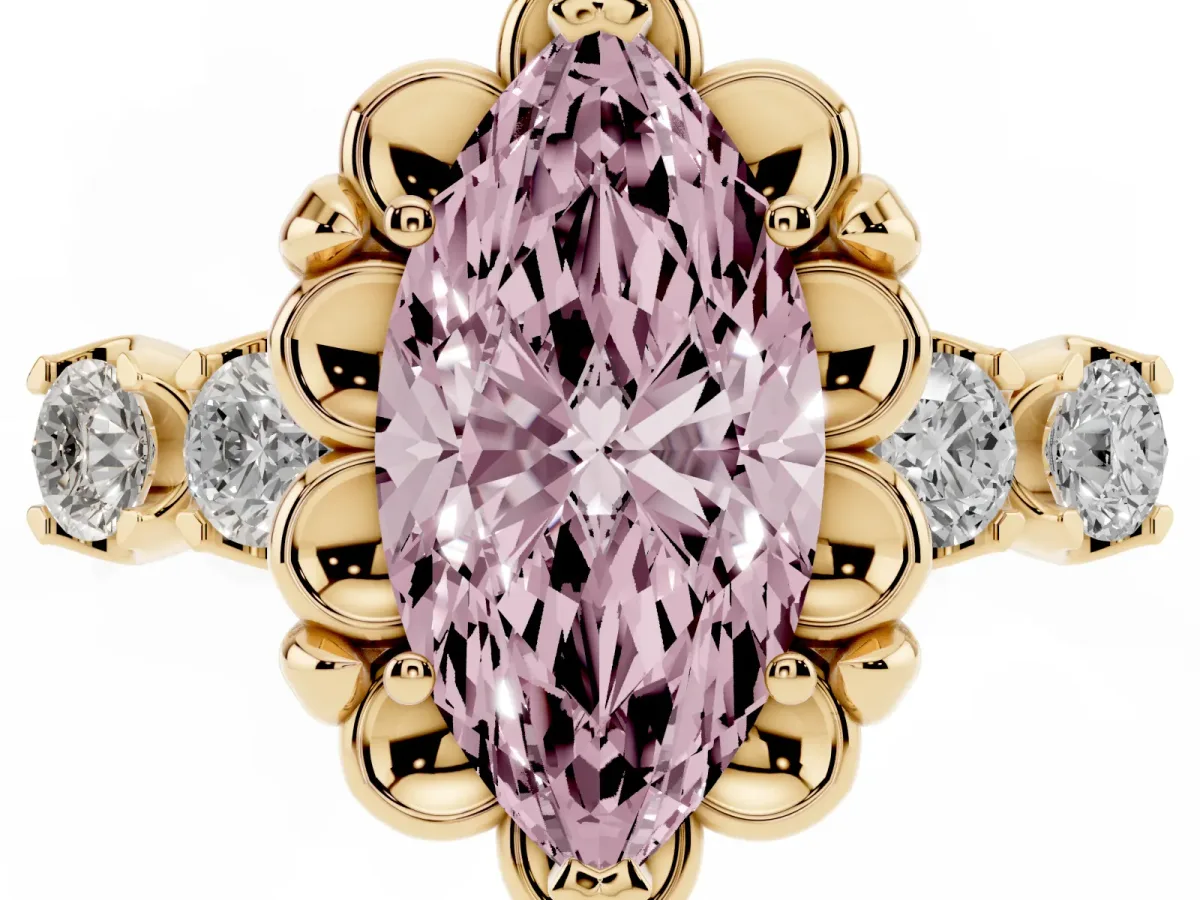 Fancy Pink Marquise Cut Cut Diamond Floral Halo Engagement Ring with Shared Prong Setting Yellow gold