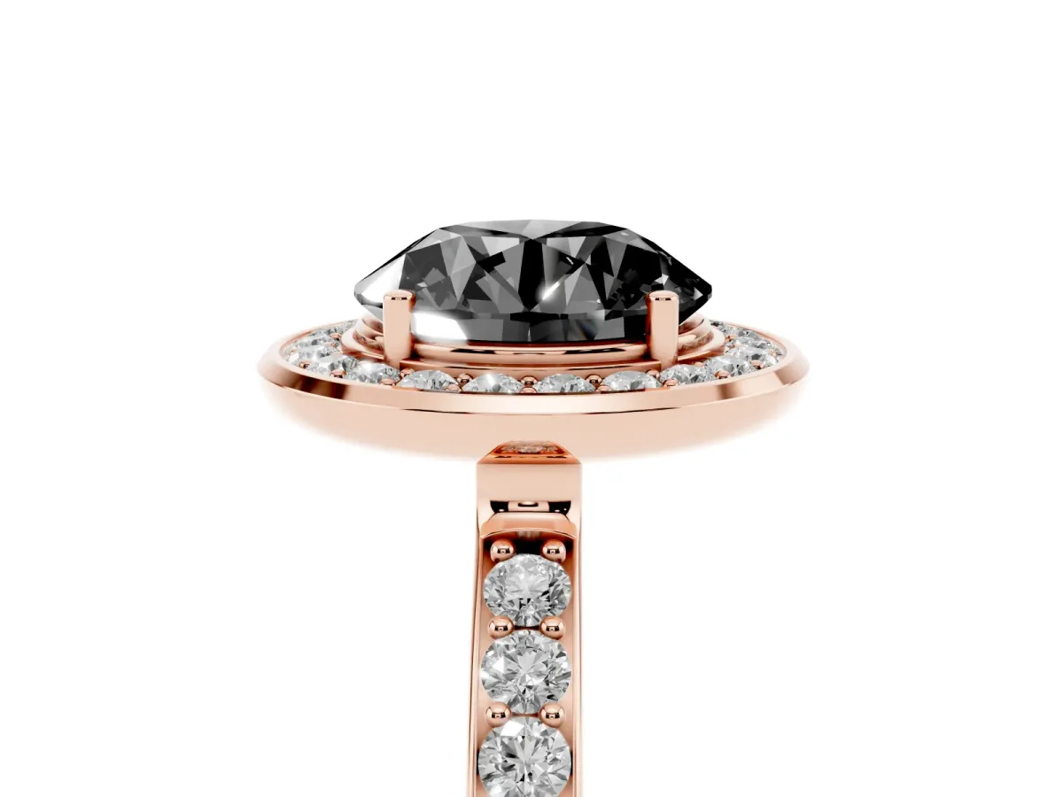 Fancy Black Round Cut Diamond Halo Ring with Bezel Frame and Pavé Band Rose gold