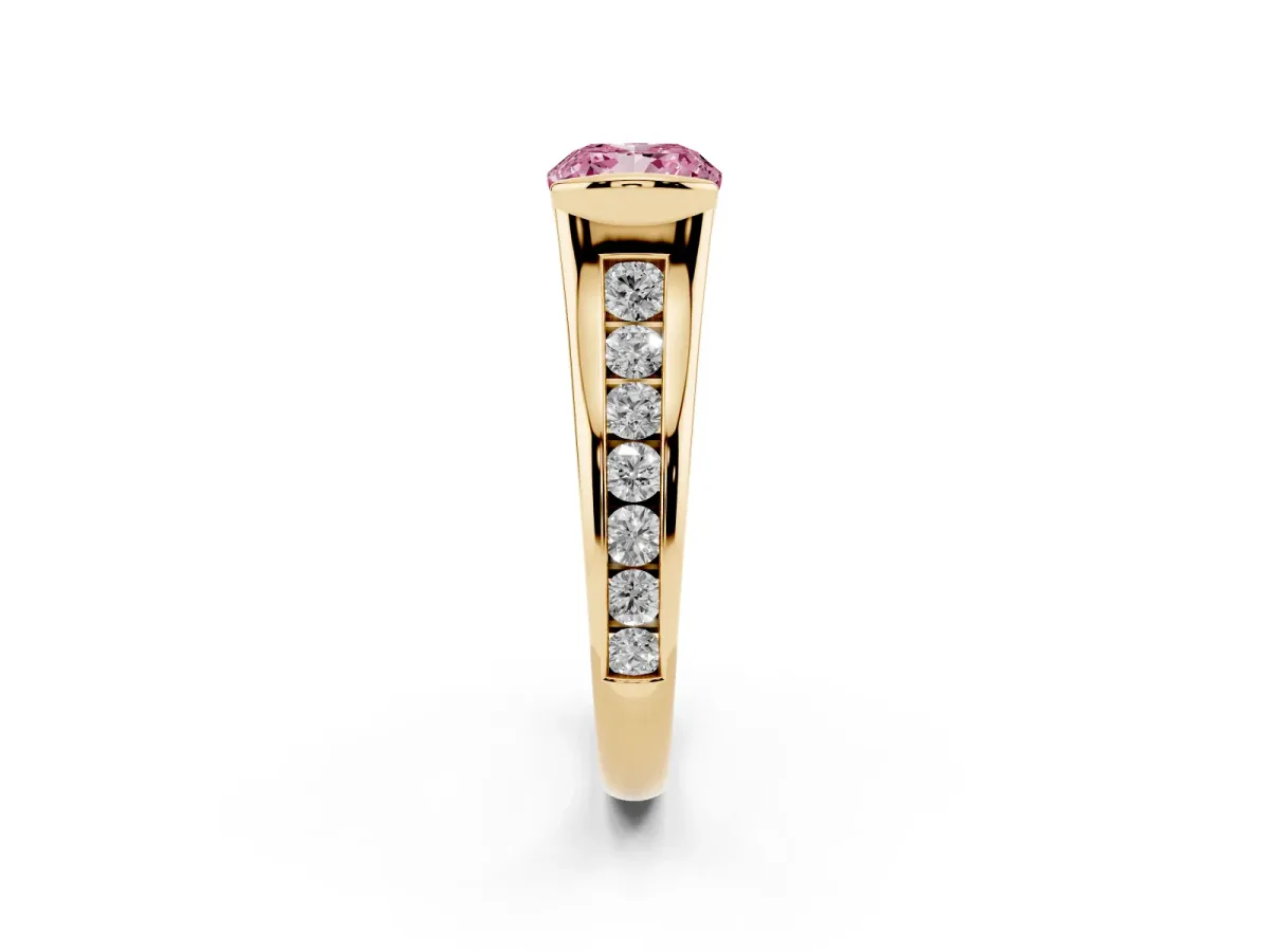 Fancy Pink Cushion Cut Solitaire Bezel-Set Diamond Ring with Channel-Set Band Yellow gold