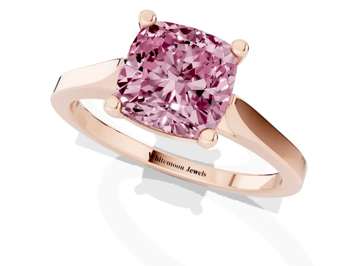 Fancy Pink Cushion Cut Solitaire Diamond Ring with Four-Prong Setting and Tapered Band Rose gold