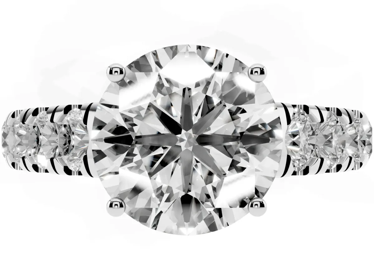 Round Cut Cut Diamond Solitaire Ring with Micro Pave Band and Prong Setting Platinum