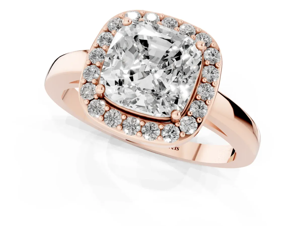 Cushion Cut Halo Diamond Ring with Solitaire Band and Prong Setting Rose gold