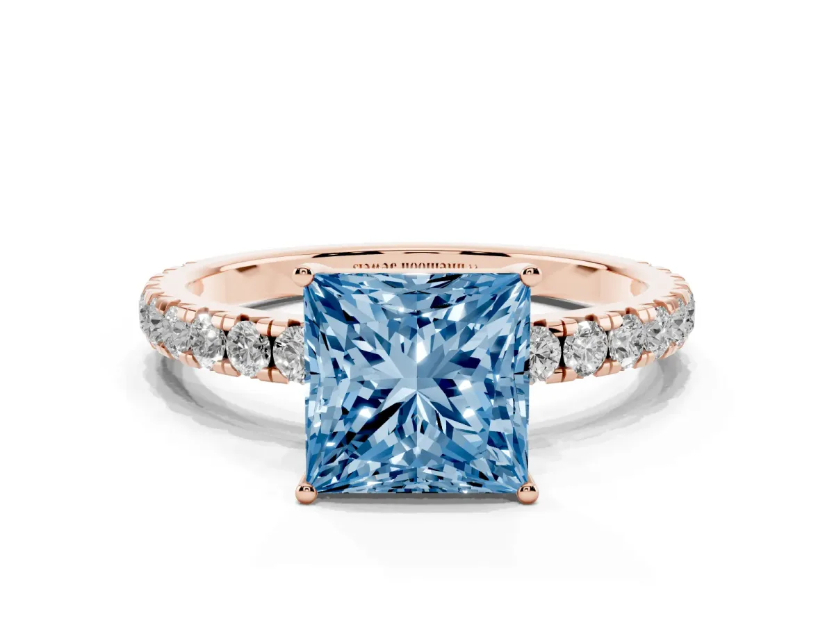 Fancy Blue Princess Cut Diamond Pavé Solitaire Engagement Ring with Four-Prong Setting Rose gold