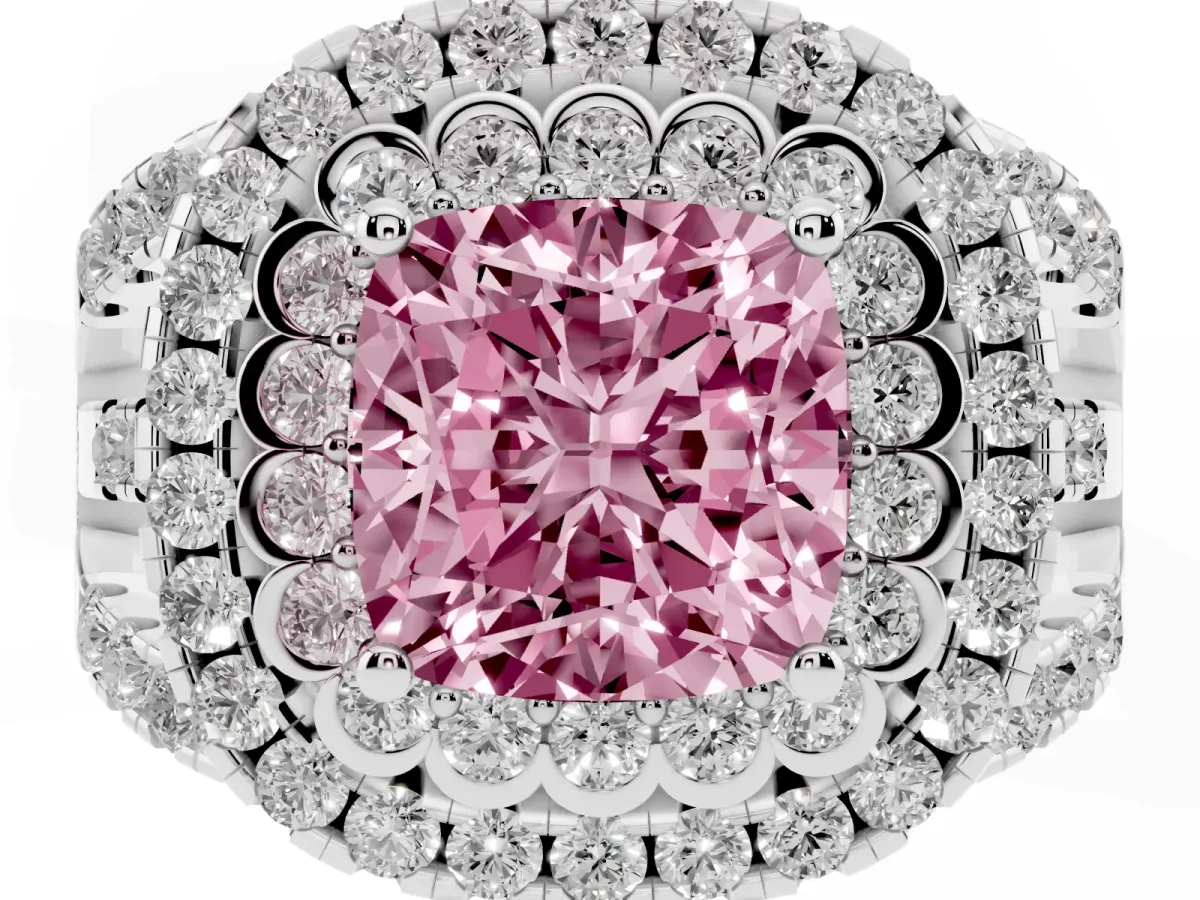 Fancy Pink Cushion Cut Diamond Double Halo Ring with Round Pavé Split Shank and Prong Setting Silver