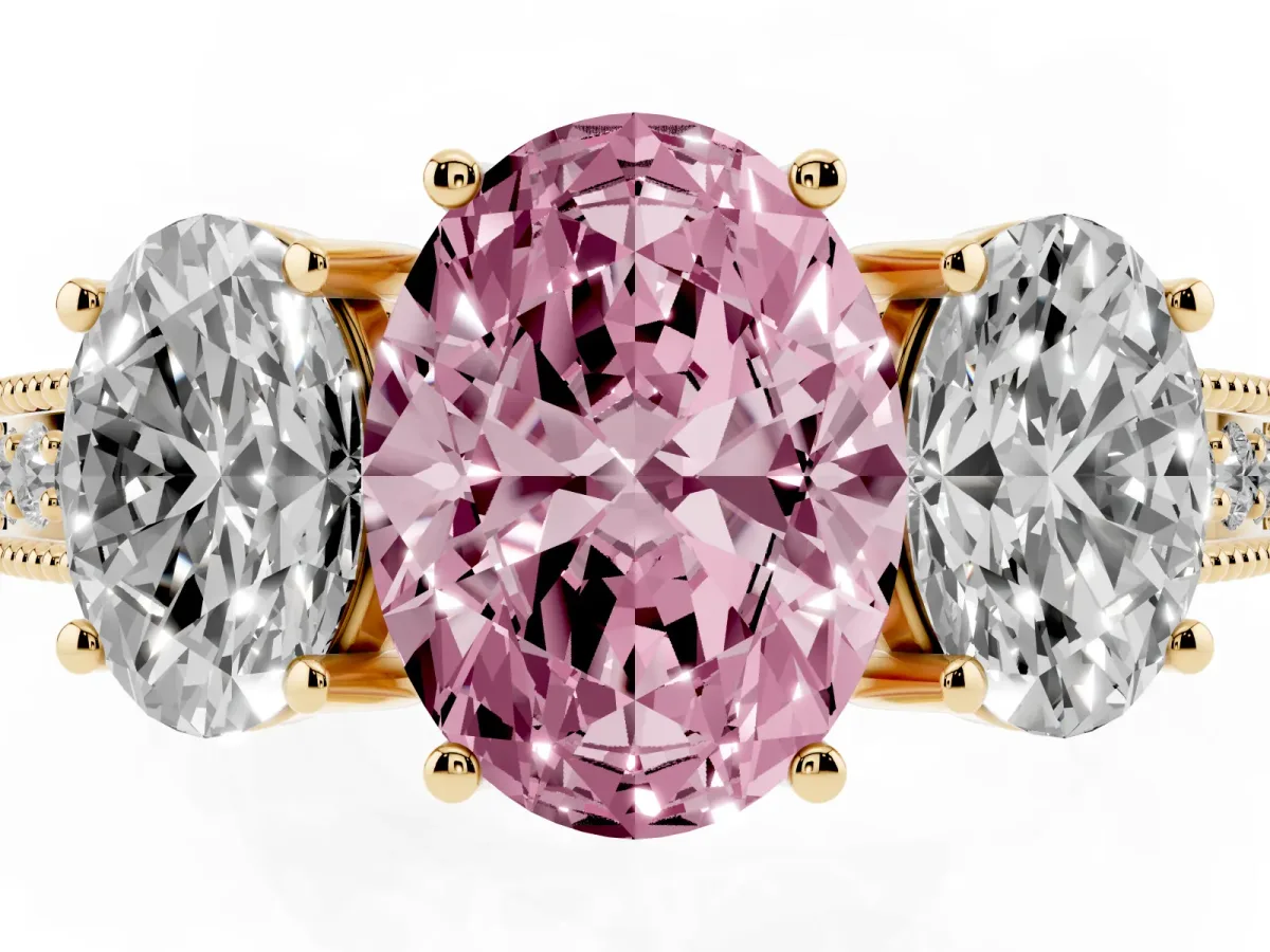 Fancy Pink Three-Stone Oval Cut Cut Milgrain Pavé Engagement Ring Yellow gold