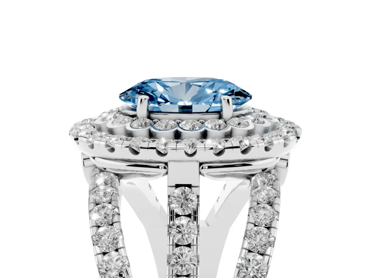 Fancy Blue Oval Cut Diamond Double Halo Ring with Round Pavé Split Shank and Prong Setting Platinum