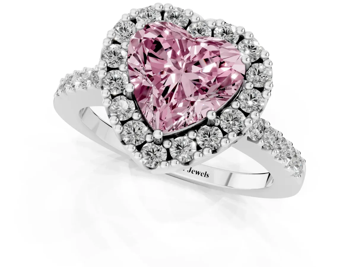 Fancy Pink Heart Cut Halo Diamond Pavé Solitaire Ring Silver