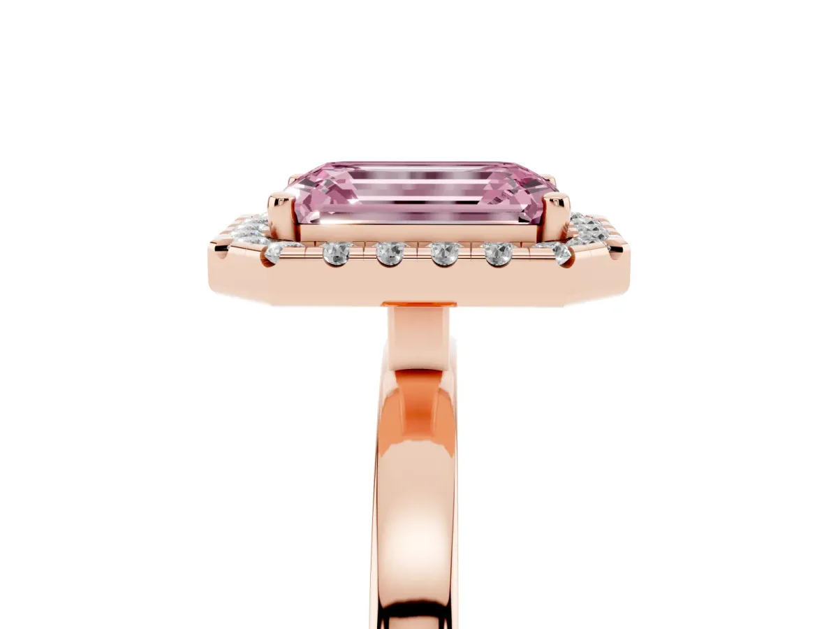 Fancy Pink Emerald Cut Halo Diamond Solitaire with Pavé Band and Four-Prong Setting Rose gold