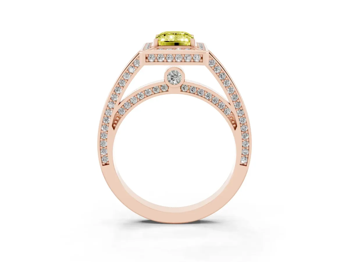 Fancy Yellow Emerald Cut Cut Halo Pave Split Shank Prong Setting Ring Rose gold