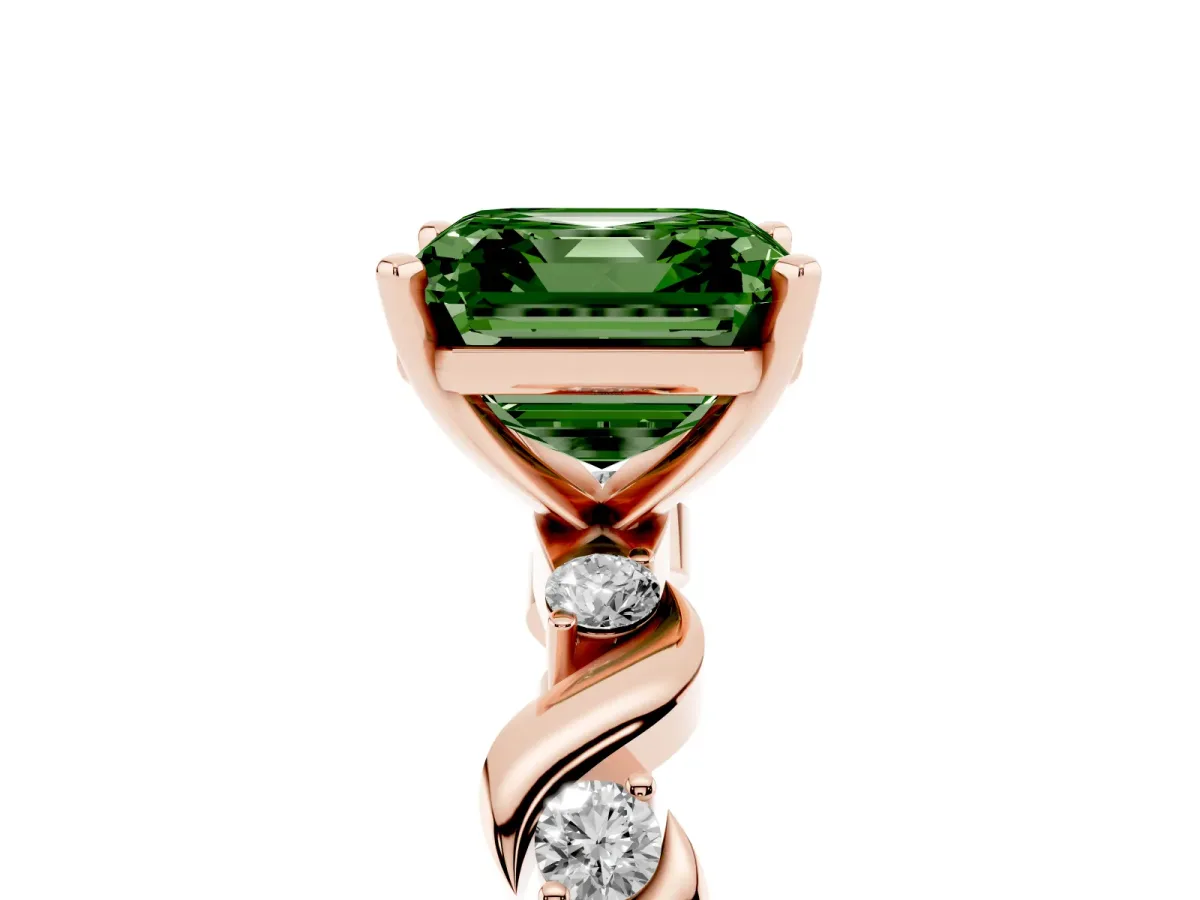 Fancy Green Asscher Cut Diamond Solitaire Twisted Band with Round Accents and Prong Setting Rose gold