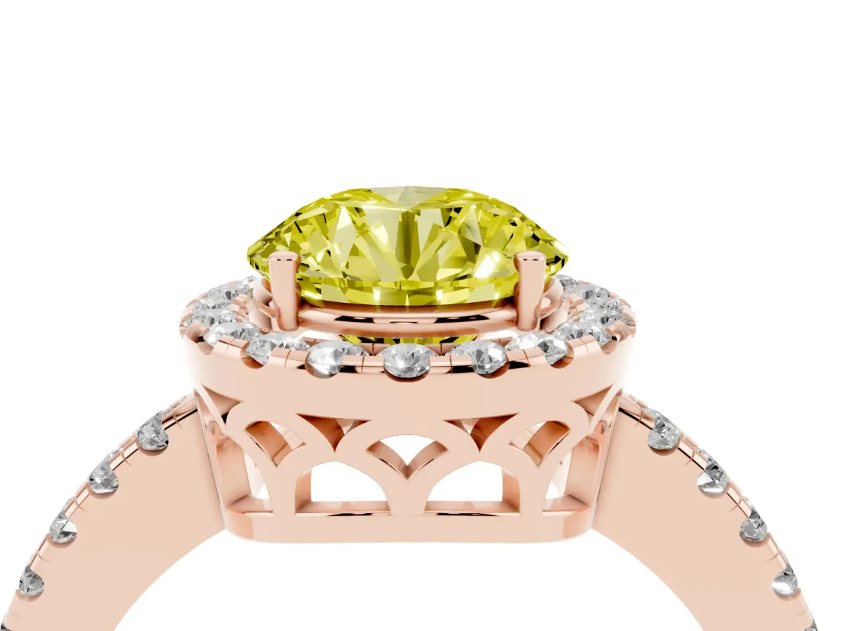 Fancy Yellow Round Cut Halo Diamond Engagement Ring with Pavé Band and Four-Prong Setting Rose gold