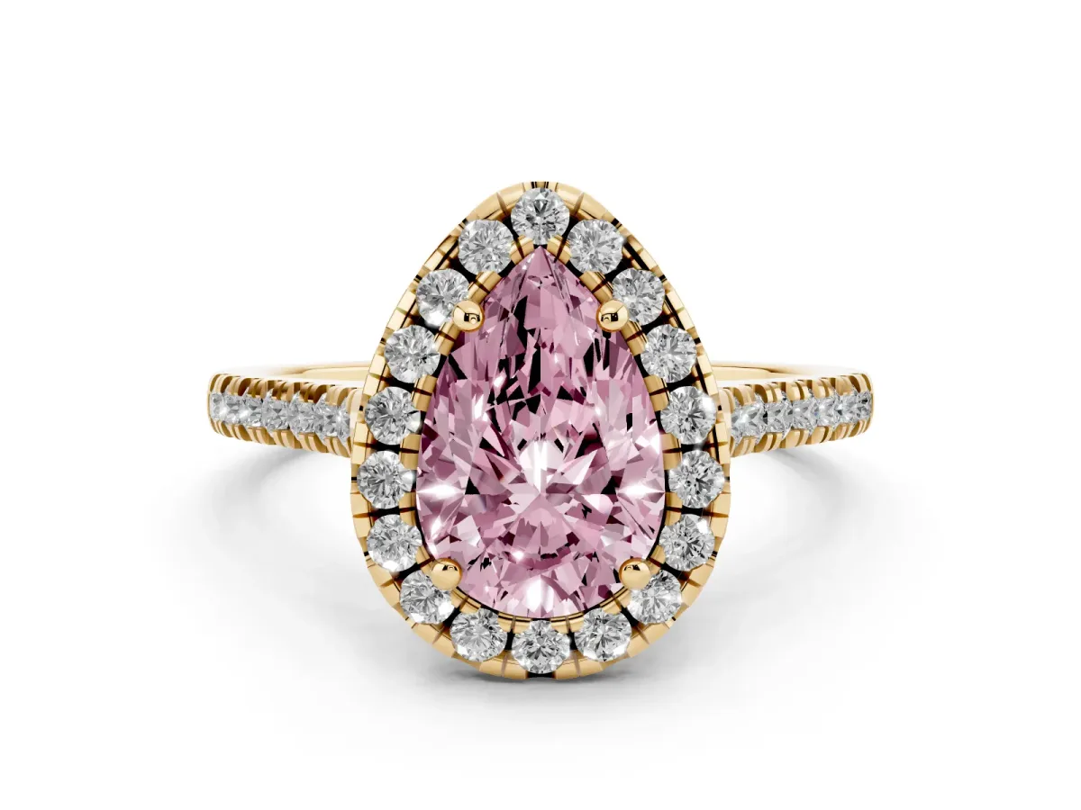 Fancy Pink Pear Cut Diamond Cushion Halo Ring with Pavé Band Yellow gold