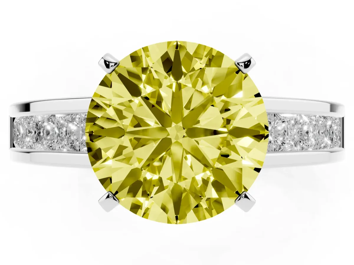 Fancy Yellow Round Cut Solitaire Diamond Ring with Channel-Set Band and Four-Prong Setting Silver