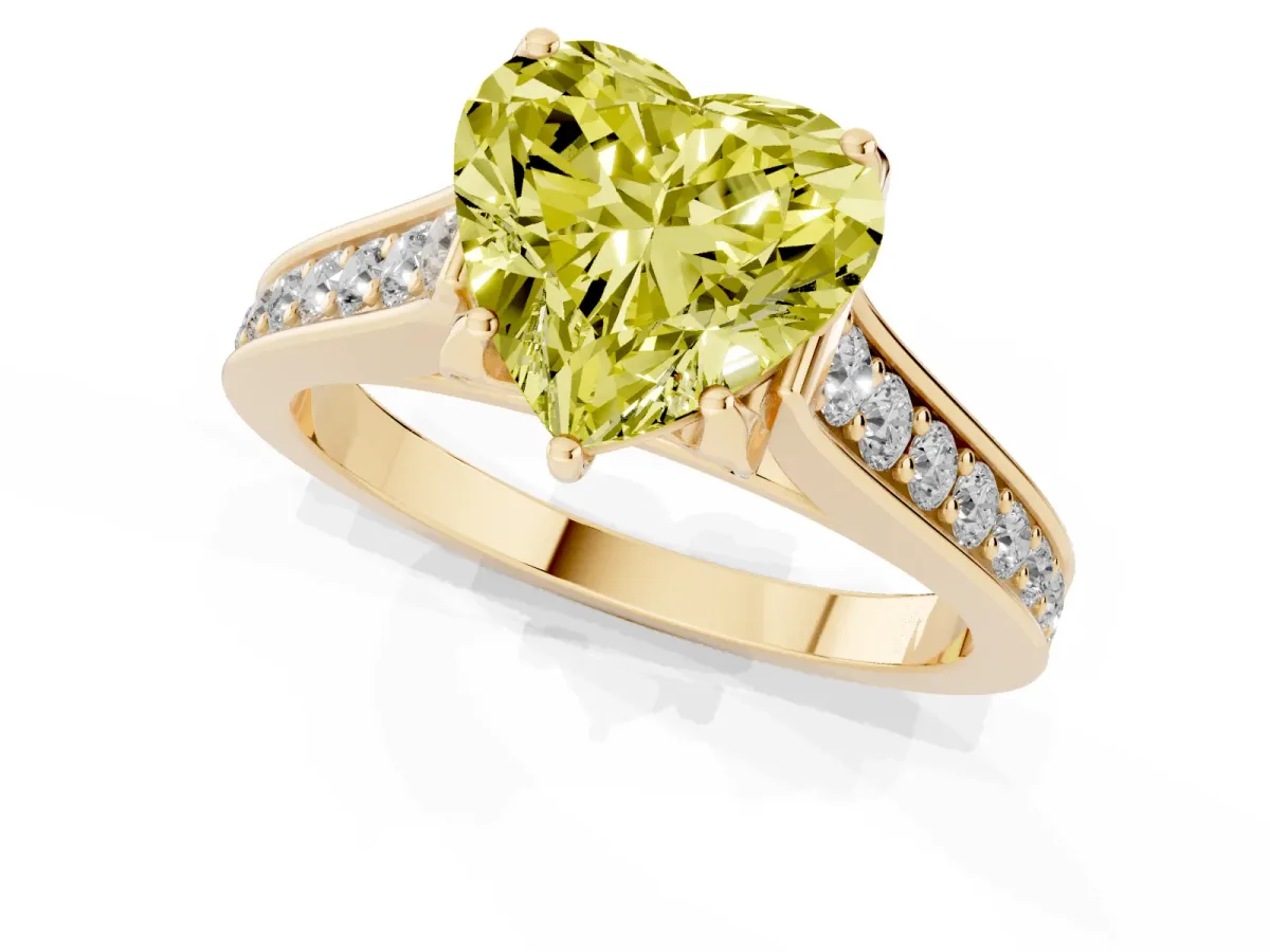 Fancy Yellow Heart Cut Brilliant Cut Diamond Engagement Ring with Pavé Band and Four-Prong Setting Yellow gold