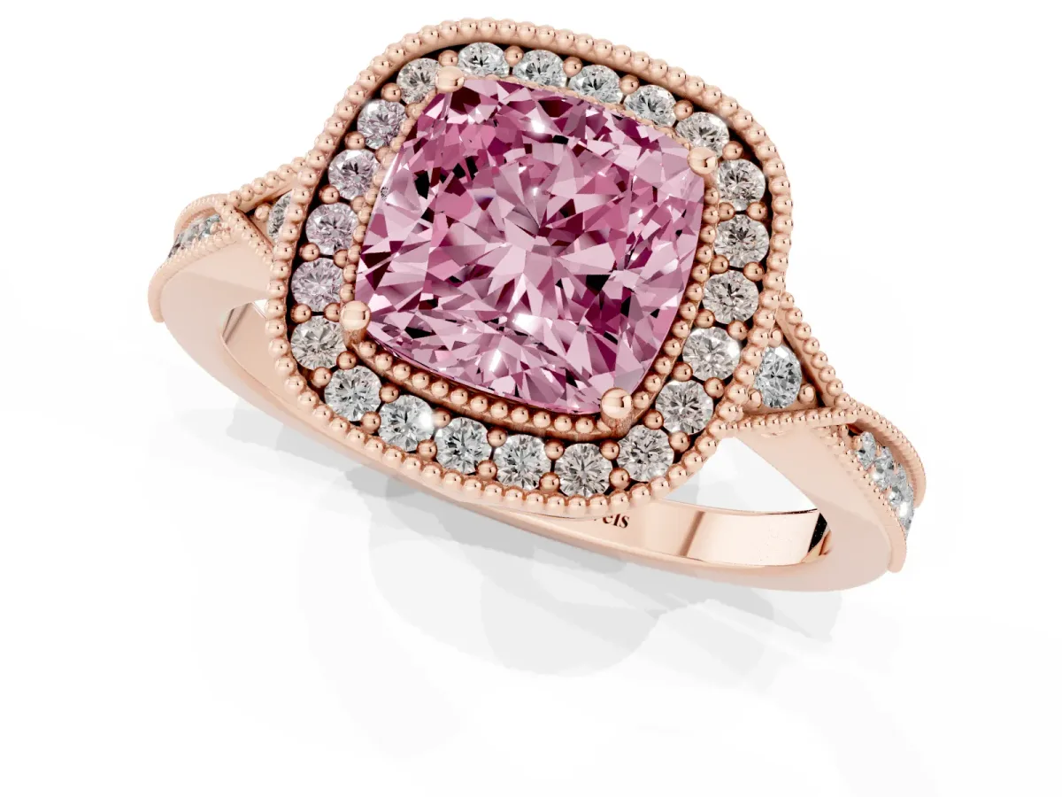 Fancy Pink Cushion Cut Halo Round Diamond Milgrain Pave Engagement Ring Rose gold