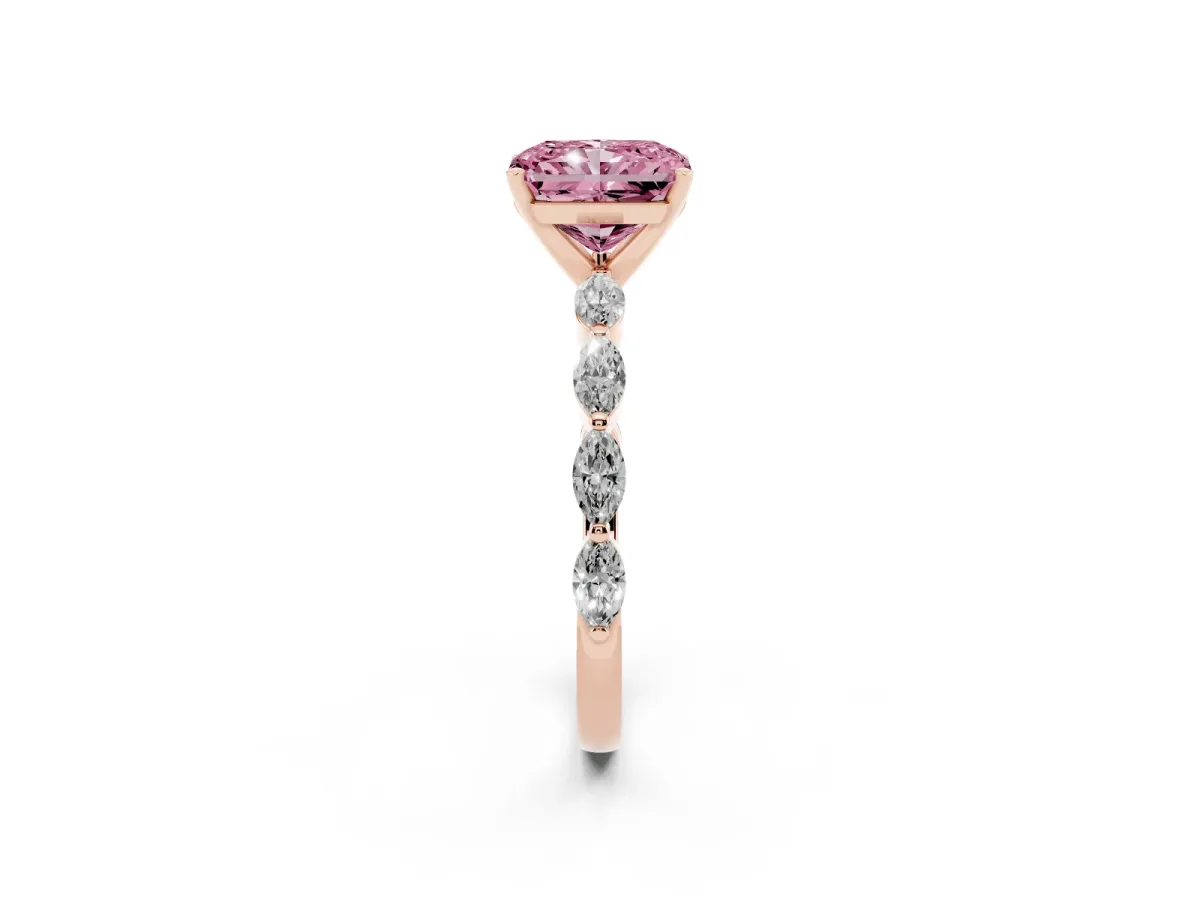 Fancy Pink Radiant Cut Diamond Ring with Marquise Side Stones and Prong Setting Rose gold