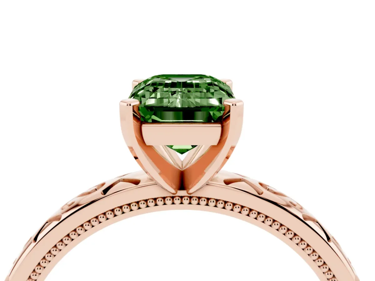 Fancy Green Emerald Cut Solitaire Engagement Ring with Scrollwork Band and Four-Prong Setting Rose gold