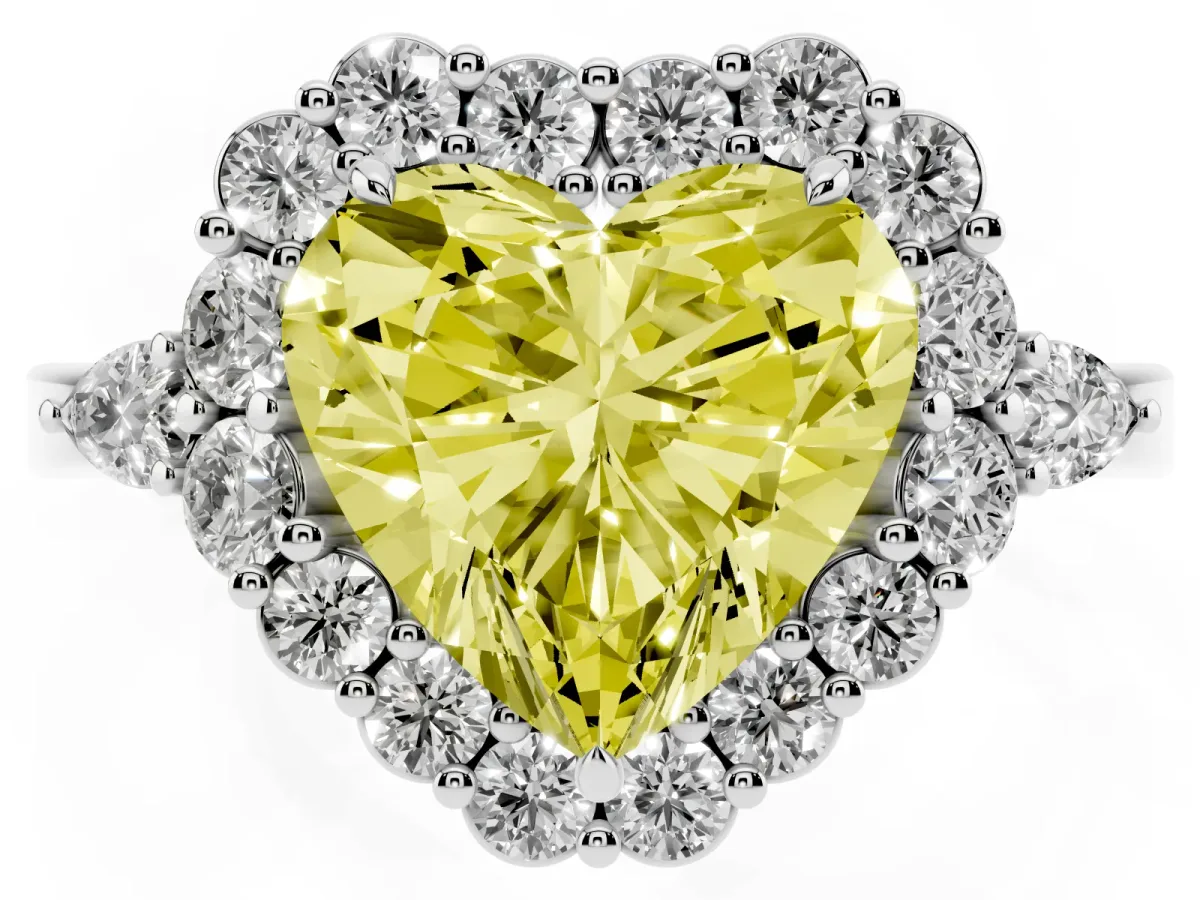 Fancy Yellow Heart Cut Diamond Halo Ring with Pear Side Stones and Prong Setting Silver