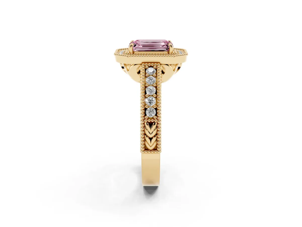 Fancy Pink Emerald Cut Cut Halo Diamond Ring with Pavé Band and Four-Prong Setting Yellow gold
