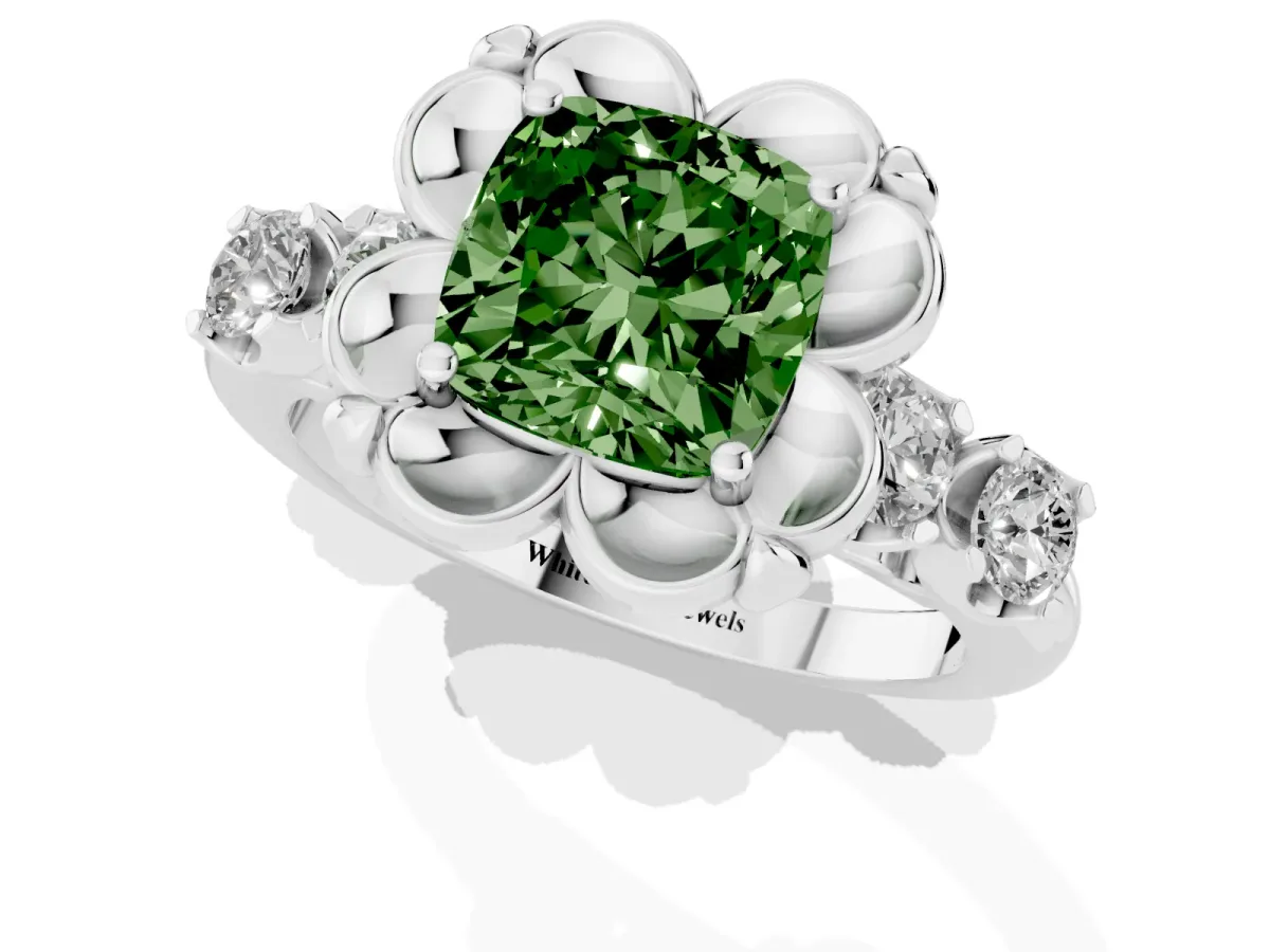 Fancy Green Cushion Cut Cut Diamond Floral Halo Engagement Ring with Shared Prong Setting White gold
