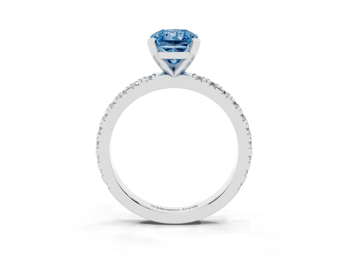 Fancy Blue Radiant Cut Diamond Pavé Band Solitaire with Four-Prong Setting Silver