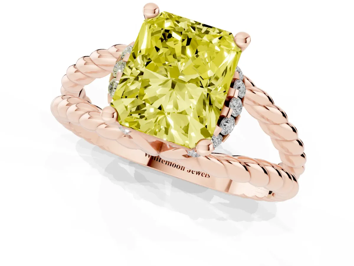 Fancy Yellow Radiant Cut Halo Twisted Band Four-Prong Ring Rose gold