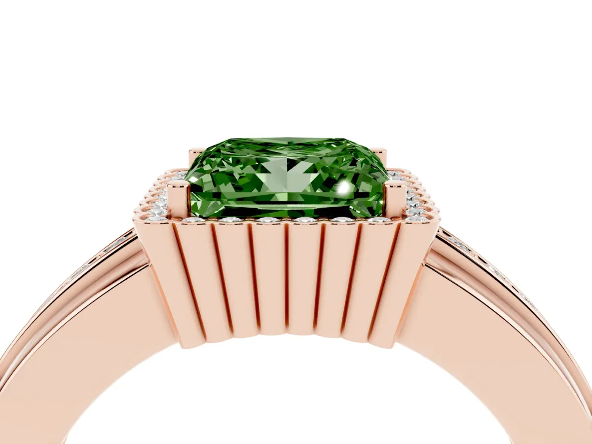 Fancy Green Princess Cut Cut Halo Pave Band Four-Prong Ring Rose gold