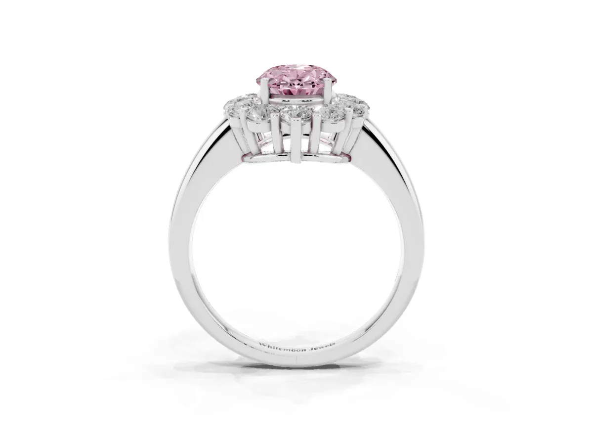 Fancy Pink Oval Cut Halo Cluster Diamond Engagement Ring with Prong Setting and Polished Band Platinum